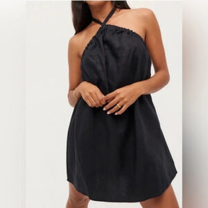 $198 Reformation Maui Linen Dress Black Mini Ruching Halter Tie Size S